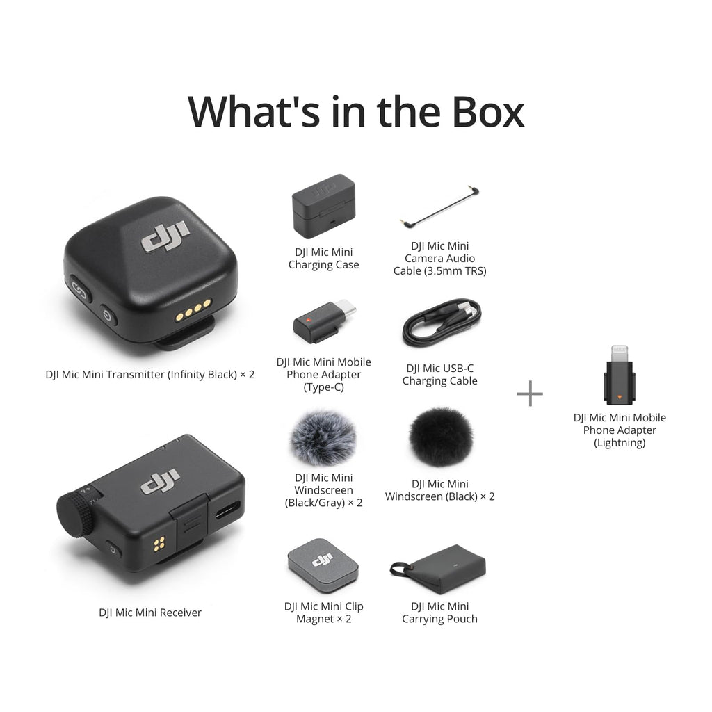 DJI Mic Mini (2 TX + 1 RX + Charging Case), Wireless Lavalier Microphone, Detail-Rich Audio, 48h Use, Noise Cancelling, Automatic Limiting, Bluetooth Microphone for Camera/iPhone/Android, Vlog