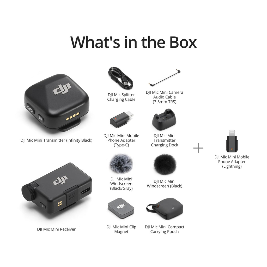DJI Mic Mini (2 TX + 1 RX + Charging Case), Wireless Lavalier Microphone, Detail-Rich Audio, 48h Use, Noise Cancelling, Automatic Limiting, Bluetooth Microphone for Camera/iPhone/Android, Vlog