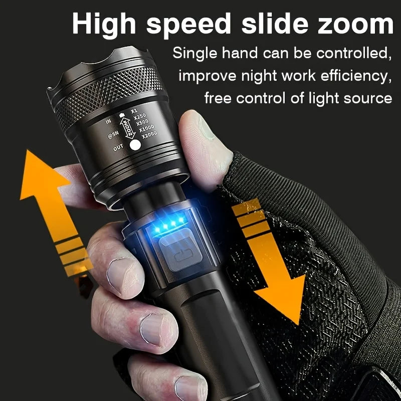 Powerful LED Flashlight Battery Display USB Rechargeable Light Telescopic Zoom Torch Lamp Outdoor Camping Fishing Lantern