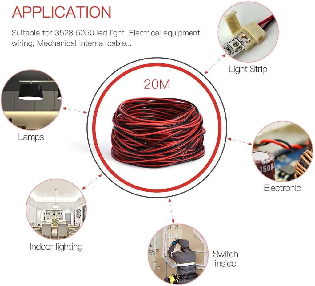 20 meters 2PIN Electrical Wire Tinned Copper PVC Insulated Red Black Cable For Single Color LED Strip Light Extension Wire 22AWG