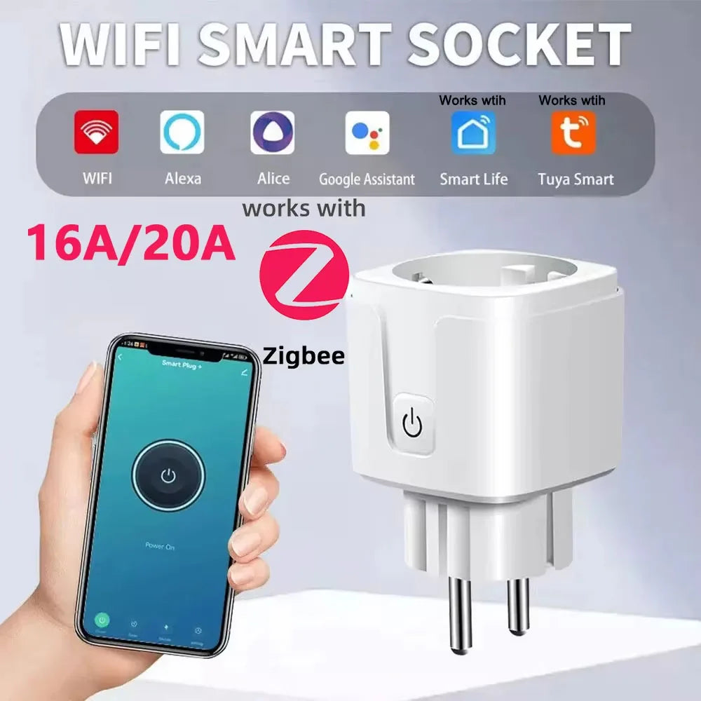 1pcs Tuya ZigBee 3.0 WiFi Smart Plug EU 16A/20A Power Monitor Timing Smart Socket Voice Control via Alexa Google Home Smart Life